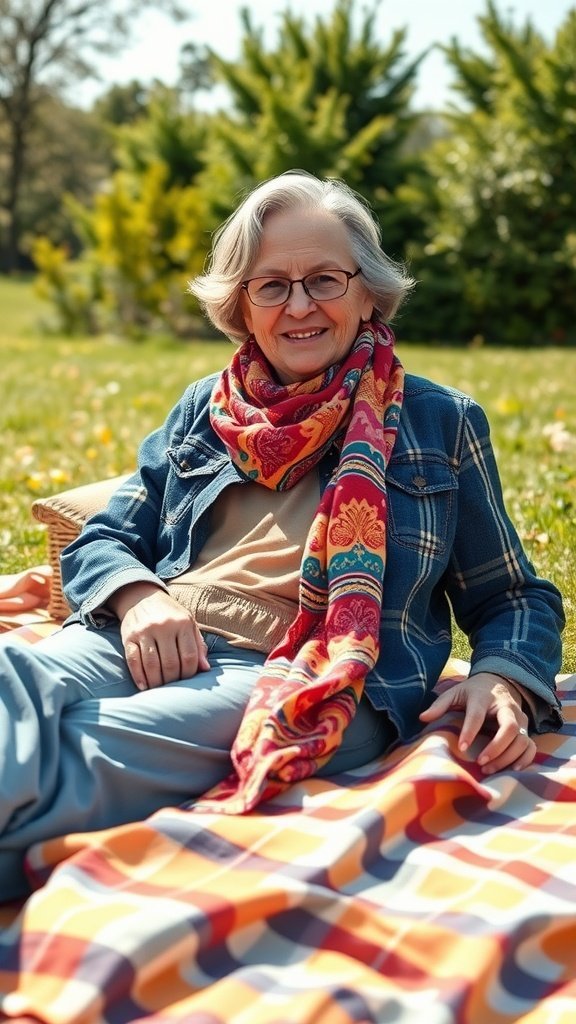 Uma mulher sentada em uma toalha de piquenique usando um cachecol com estampas brilhantes e uma jaqueta jeans, sorrindo em um parque ensolarado.
