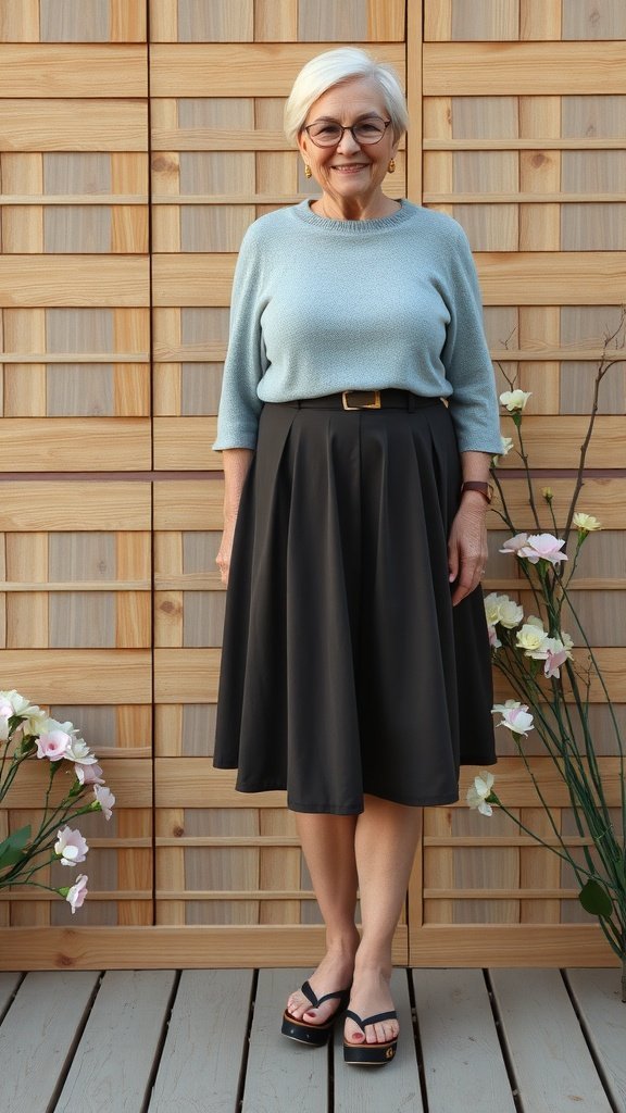 Uma mulher com mais de 50 anos vestindo uma saia clássica em corte A com um suéter azul claro, em pé em frente a painéis de madeira com flores.