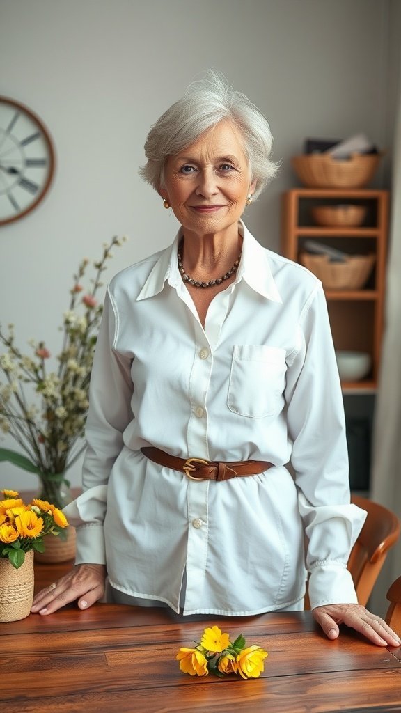 Uma mulher mais velha vestindo uma camisa branca clássica com um cinto marrom, complementada com um colar e brincos, em pé em um ambiente aconchegante com flores.