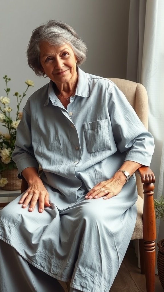 Uma mulher com uma blusa de linho azul suave, sentada confortavelmente em uma cadeira com flores por perto.