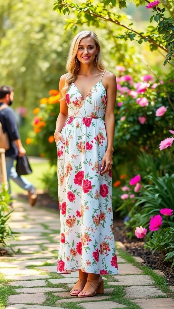 Uma mulher com um vestido longo floral e sandálias de tiras, cercada por flores coloridas em um jardim.