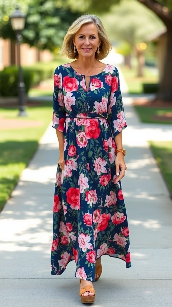 Um vestido longo floral esvoaçante exibido em um manequim em uma sala iluminada e arejada