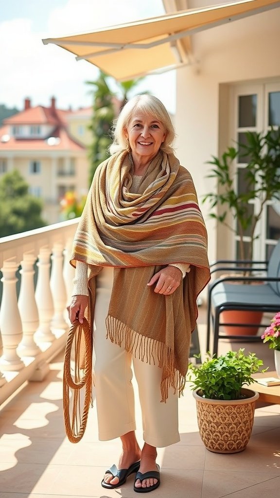 Uma mulher com mais de 50 anos usando um xale de pashmina leve, em pé em uma sacada, sorrindo e segurando uma bolsa.