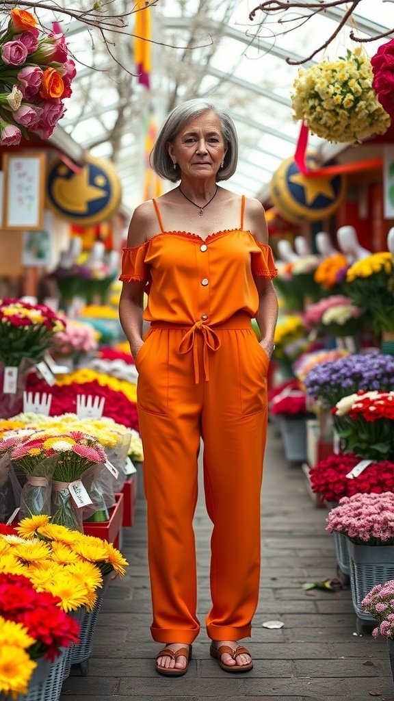 Uma mulher mais velha vestindo um macacão laranja brilhante está em um mercado de flores cercada por flores coloridas.