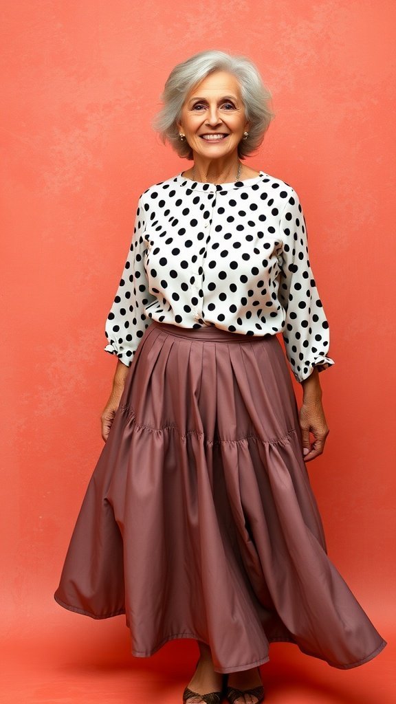 Uma mulher com mais de 50 anos vestindo uma blusa de bolinhas e uma saia esvoaçante, sorrindo contra um fundo coral.