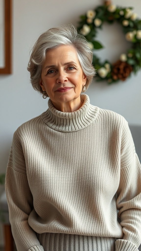 Uma mulher em um ambiente aconchegante vestindo um suéter de cashmere macio e segurando uma xícara de chá.