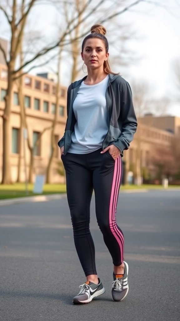 Uma modelo vestindo uma roupa esportiva chique, com uma blusa azul clara, leggings pretas com listras rosas e tênis.