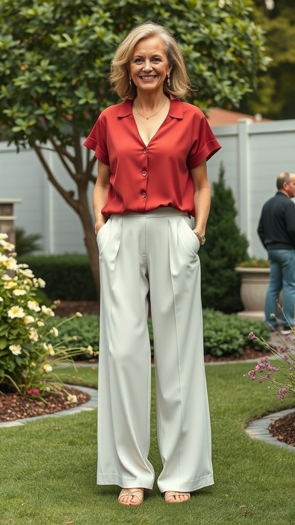 Uma mulher vestindo calças palazzo elegantes e uma blusa vermelha, em pé em um jardim.