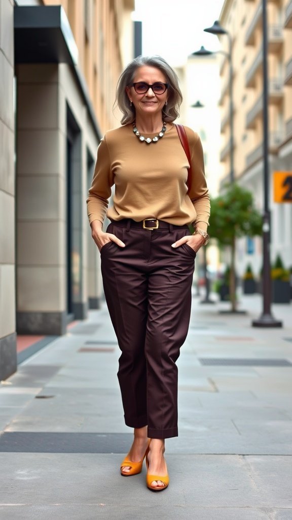 Uma mulher mais velha e estilosa, usando uma blusa bege e calças curtas marrons, saltos amarelos e um colar chamativo, caminhando confiantemente em uma rua da cidade.