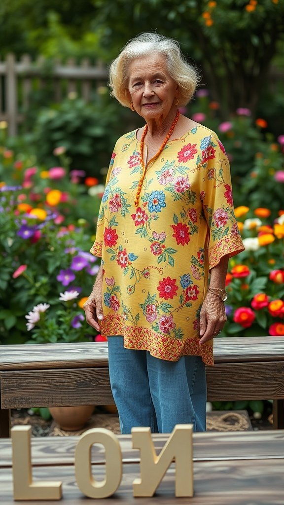 Uma mulher vestindo uma túnica floral amarela vibrante, em pé em um jardim colorido.