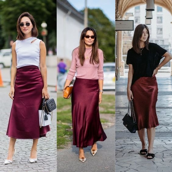 Jupe nuisette en soie bordeaux midi, jupe satinée coupe biais 100 % soie, vêtements en soie, basiques en soie, jupe crayon marron midi, Aura - Etsy - tenue jupe marron