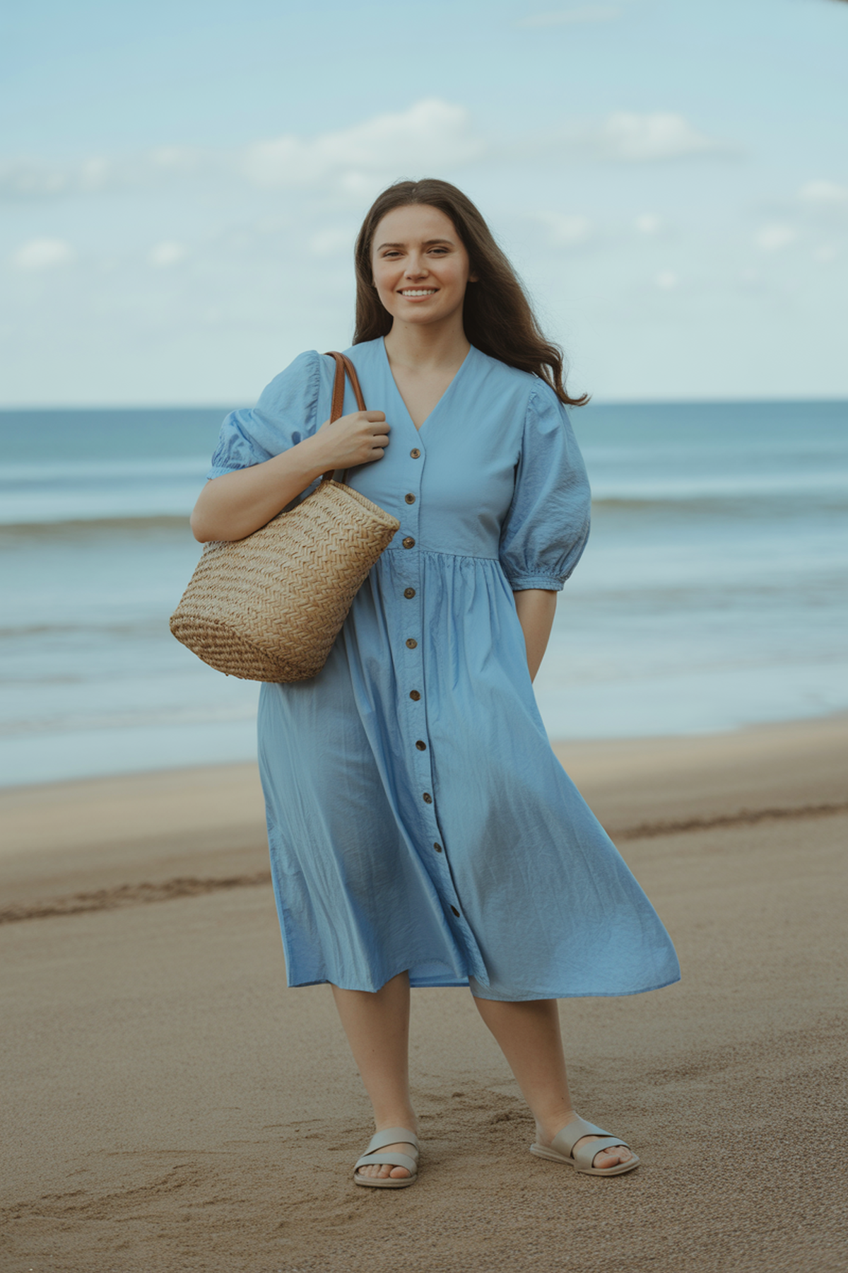 Robe Boutonnée Avec Sac Fourre-Tout en Paille