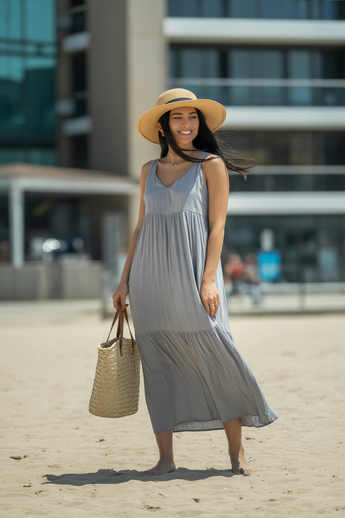 Robe Maxi Fluide Associée à un Chapeau de Paille