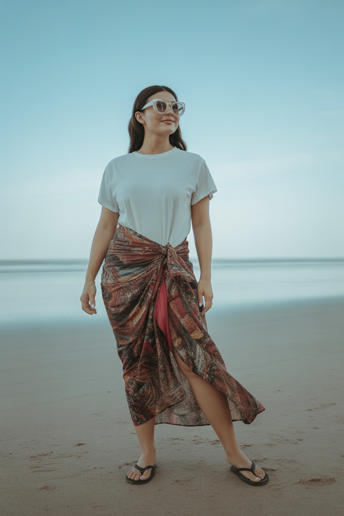 T-shirt Blanc Simple Avec Paréo à Motifs