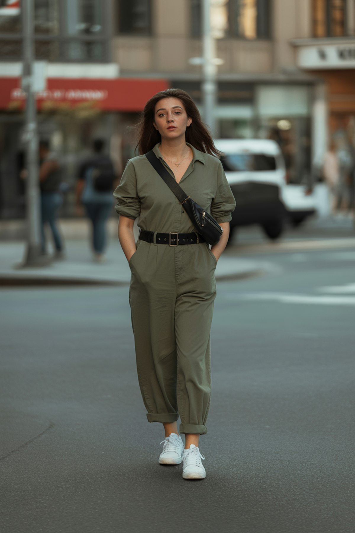 Combinaison décontractée avec ceinture audacieuse et baskets