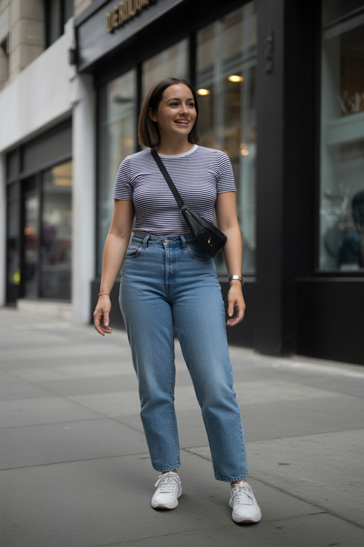 T-shirt rayé décontracté avec jean taille haute