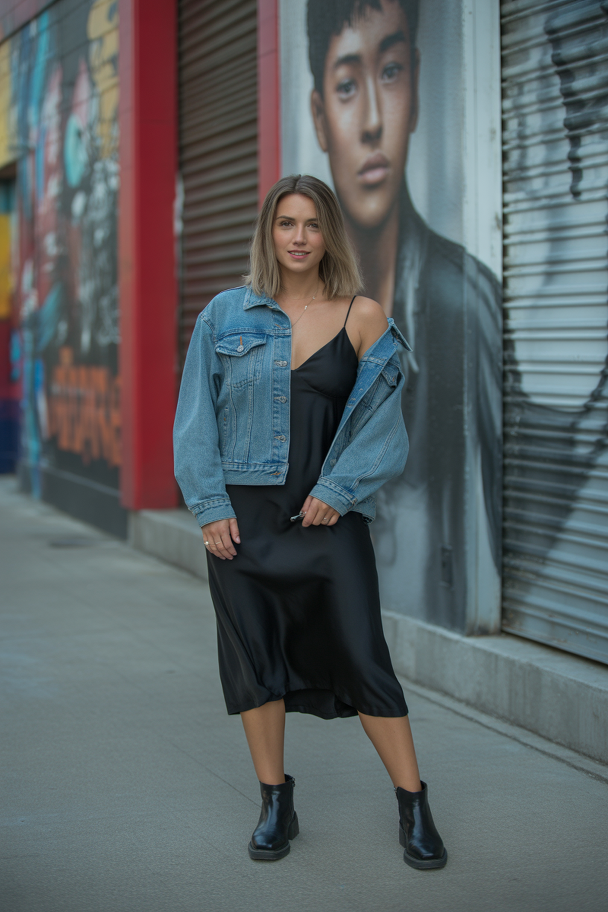 Robe nuisette chic superposée avec une veste en denim