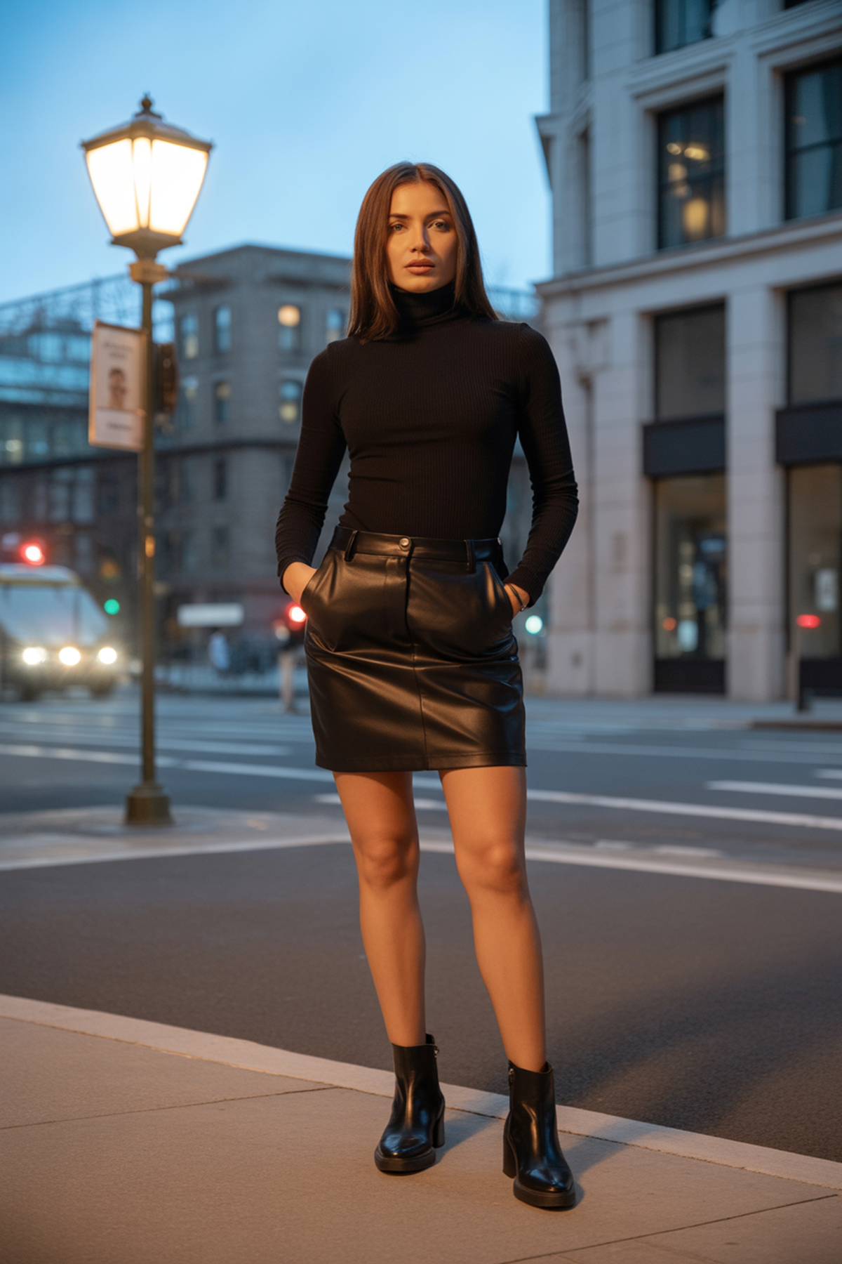 Col roulé élégant avec jupe en cuir et bottines