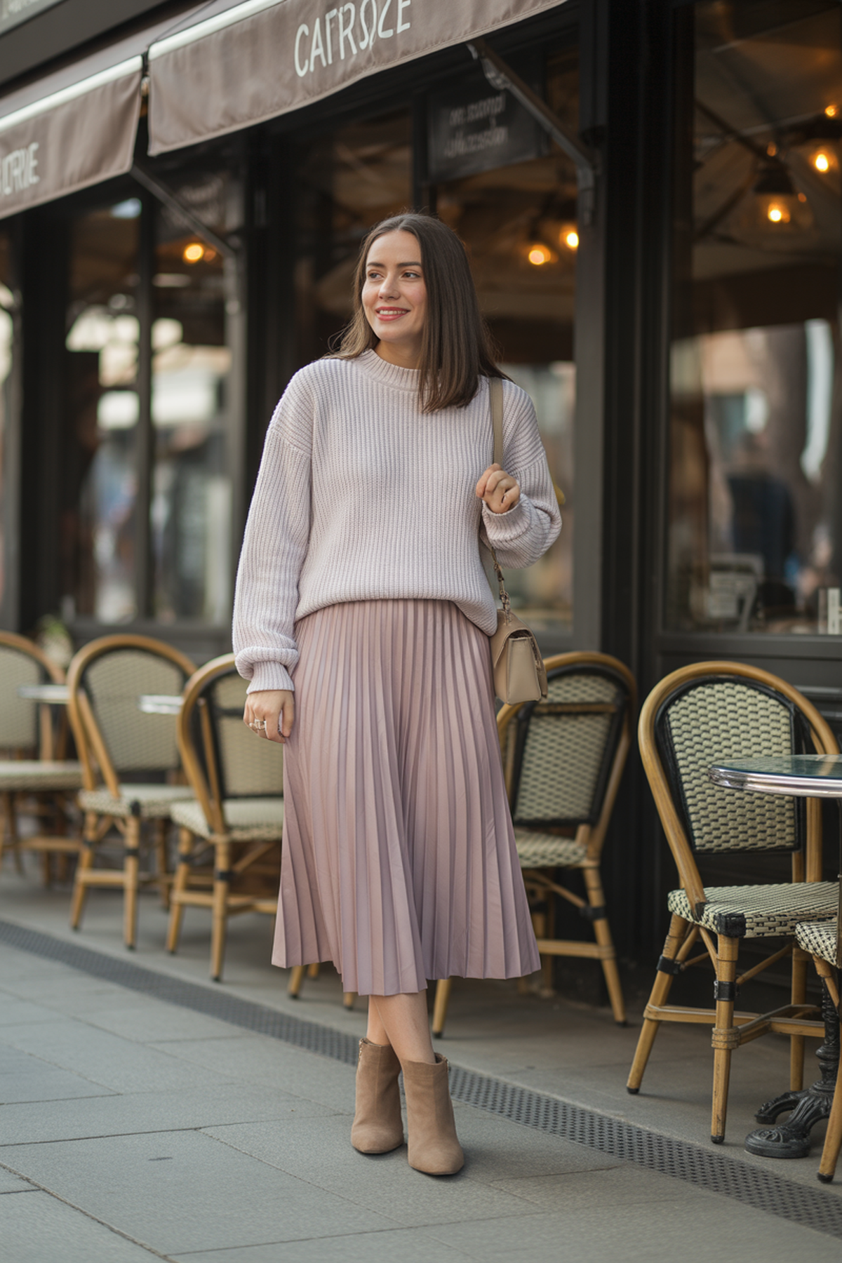 Pullover en maille douce avec jupe midi plissée