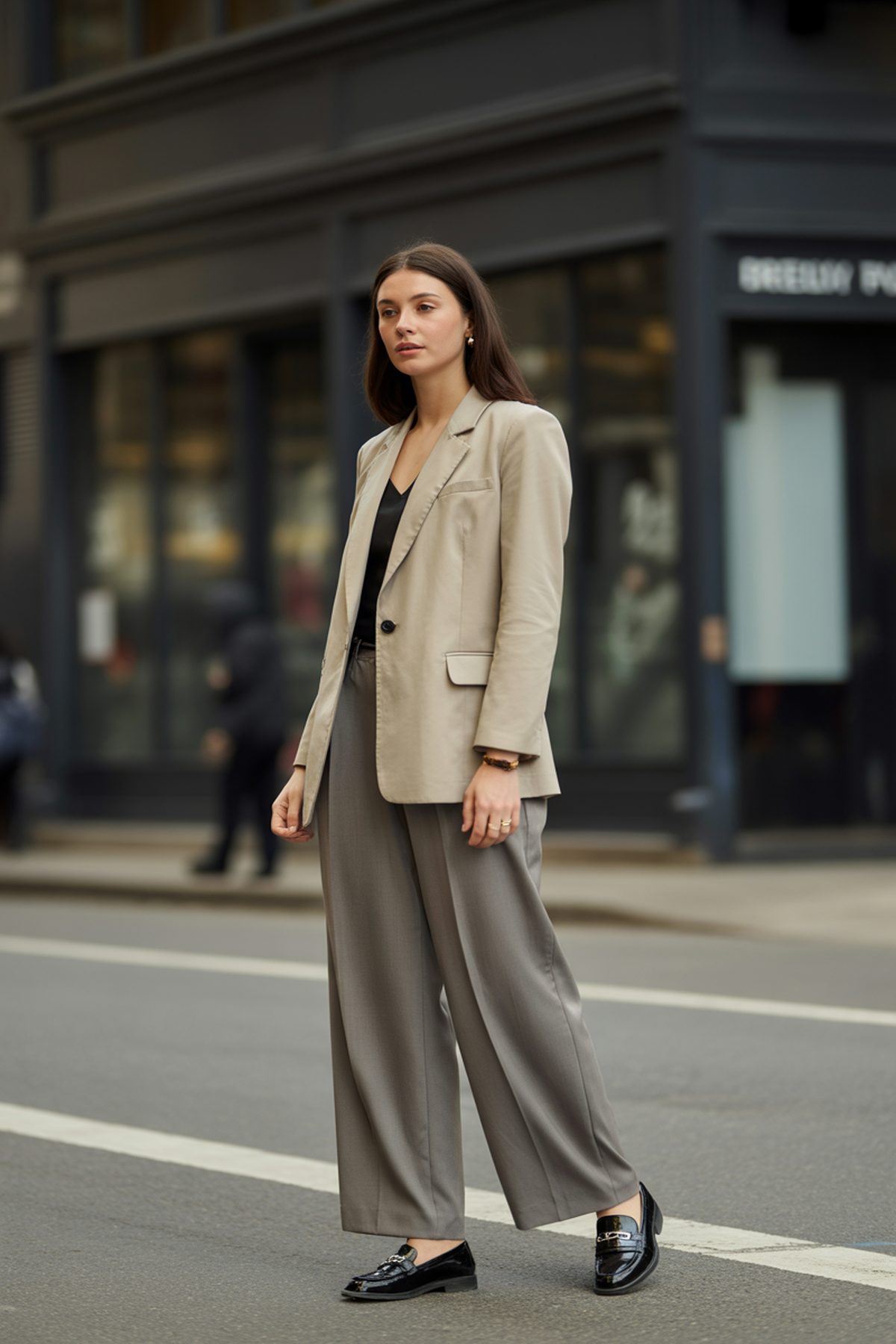 Blazer ajusté associé à un pantalon décontracté