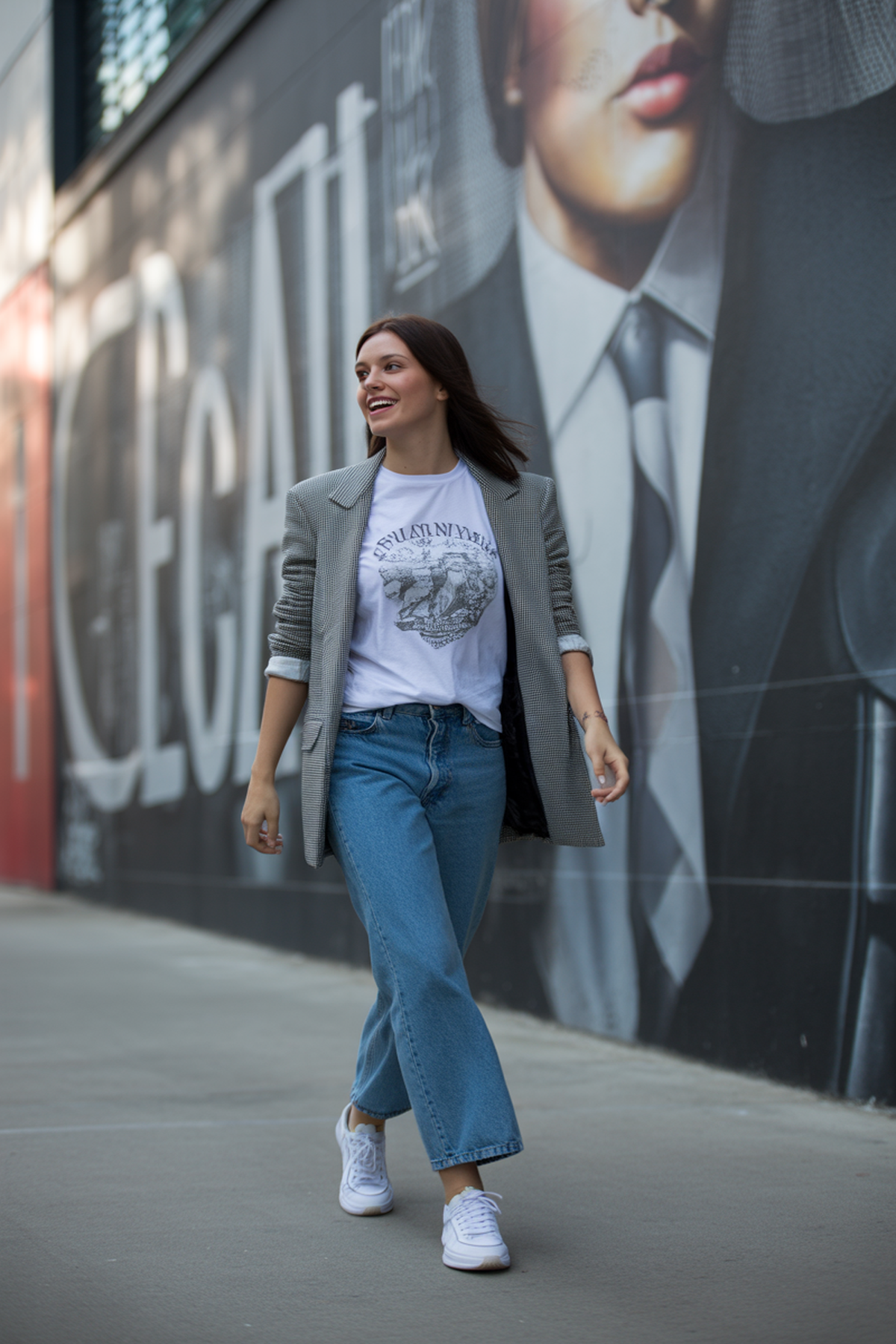 Blazer Sobre Camiseta Gráfica y Jeans