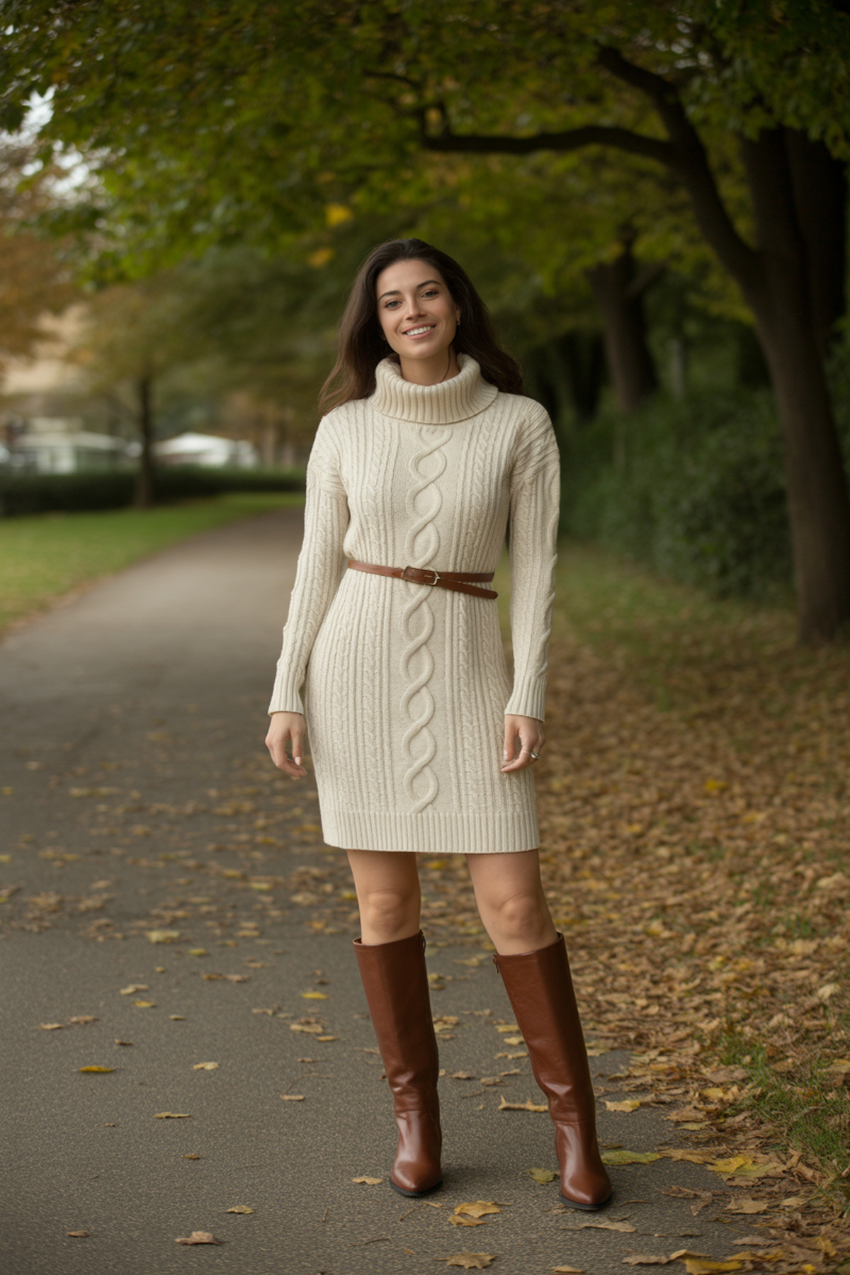 Vestido de Suéter de Punto Trenzado Con Botas Altas