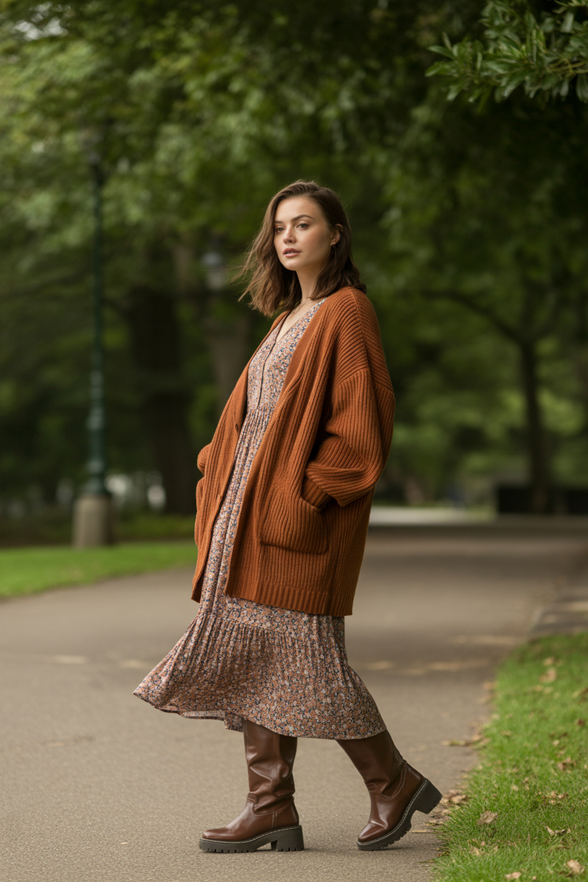 Cardigan Grueso Combinado Con Vestido Midi