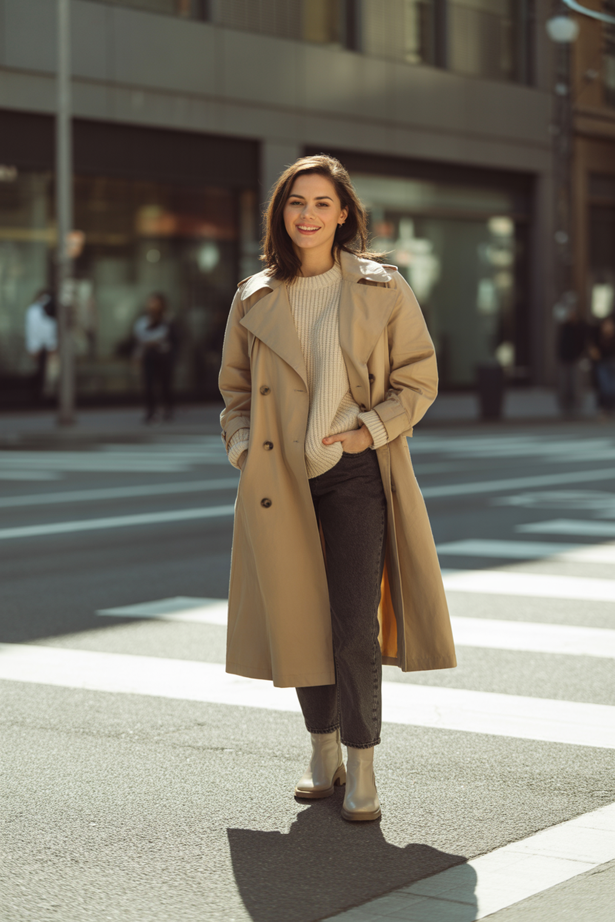 Gabardina Clásica Sobre Suéter de Punto Acogedor