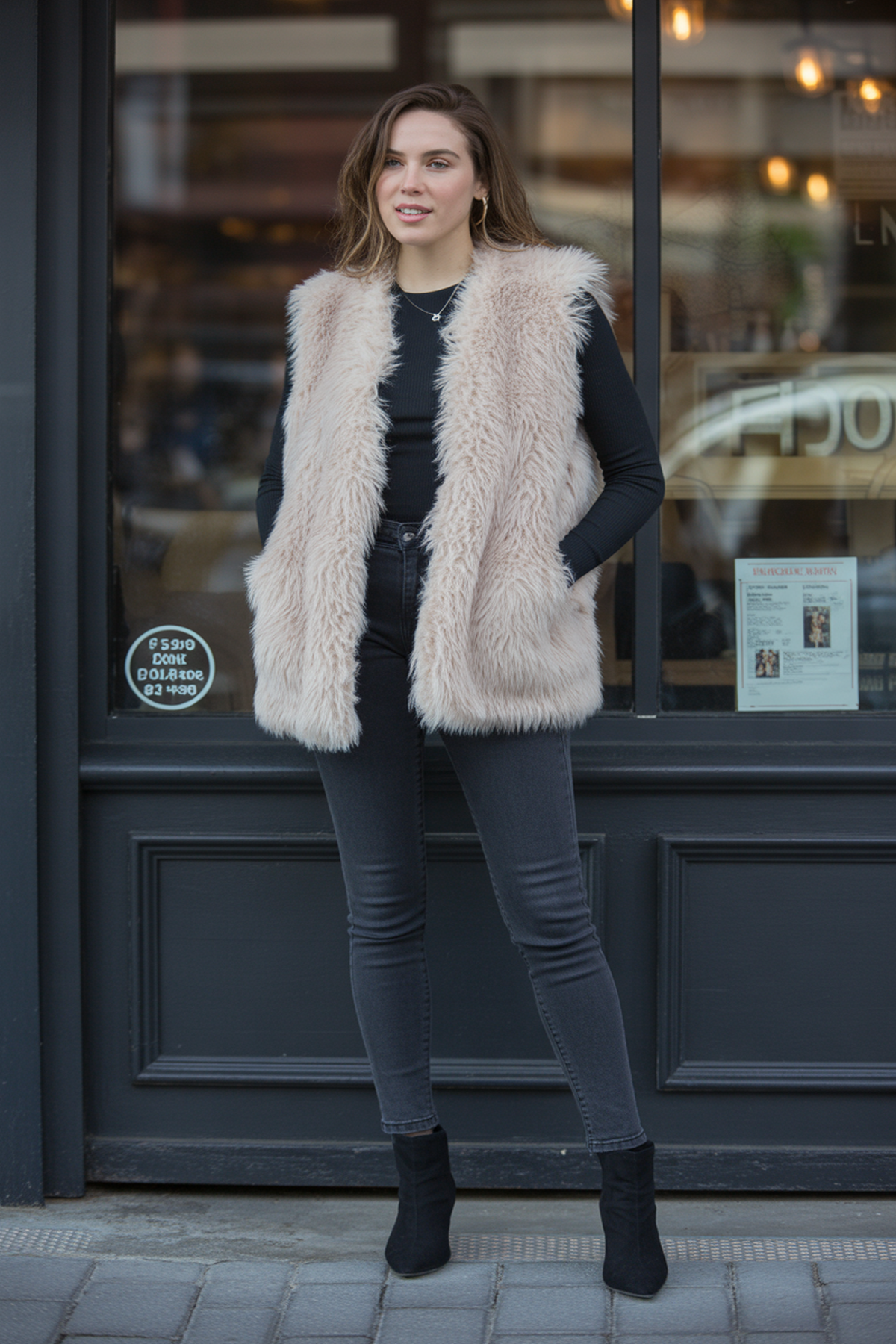 Chaleco de Piel Sintética Sobre Camiseta de Manga Larga