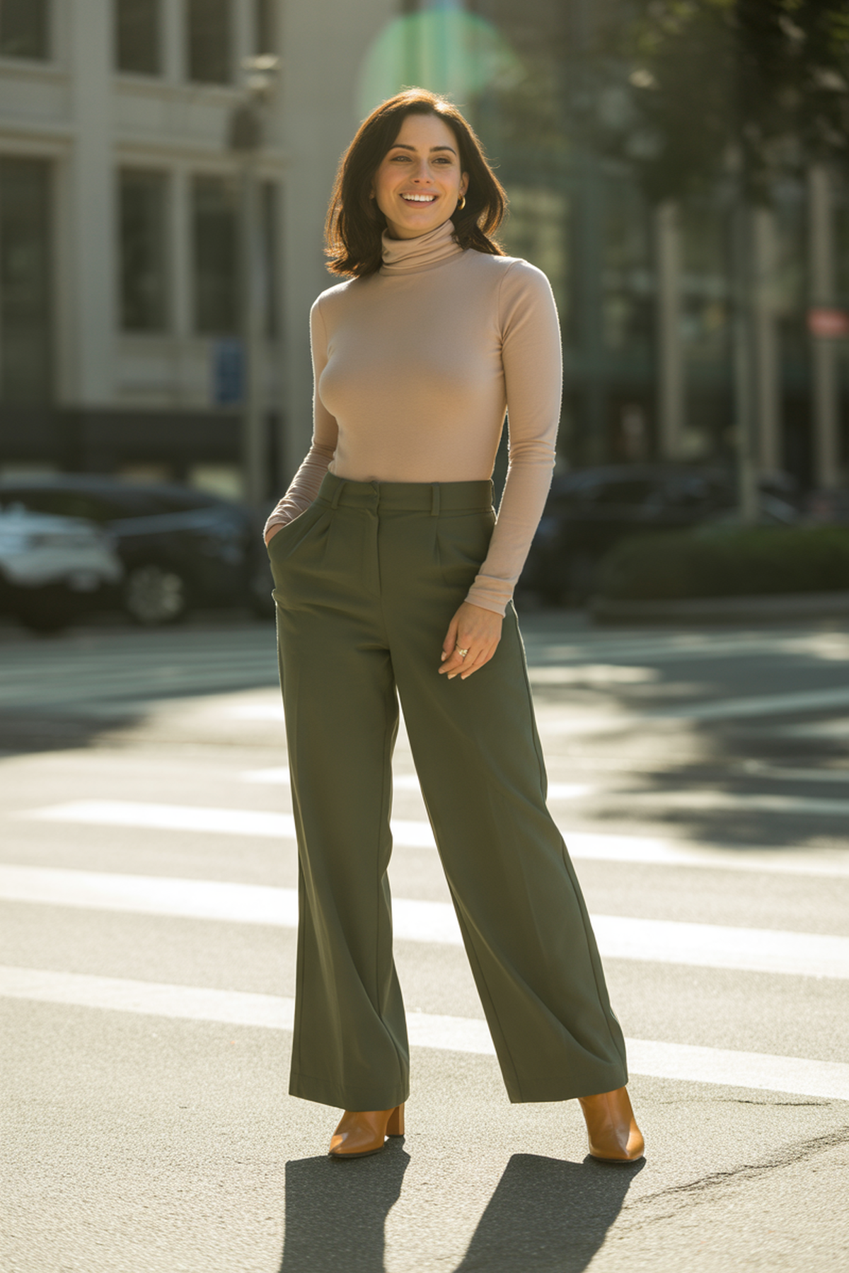 Cuello Alto Ajustado Con Pantalones Anchos de Cintura Alta