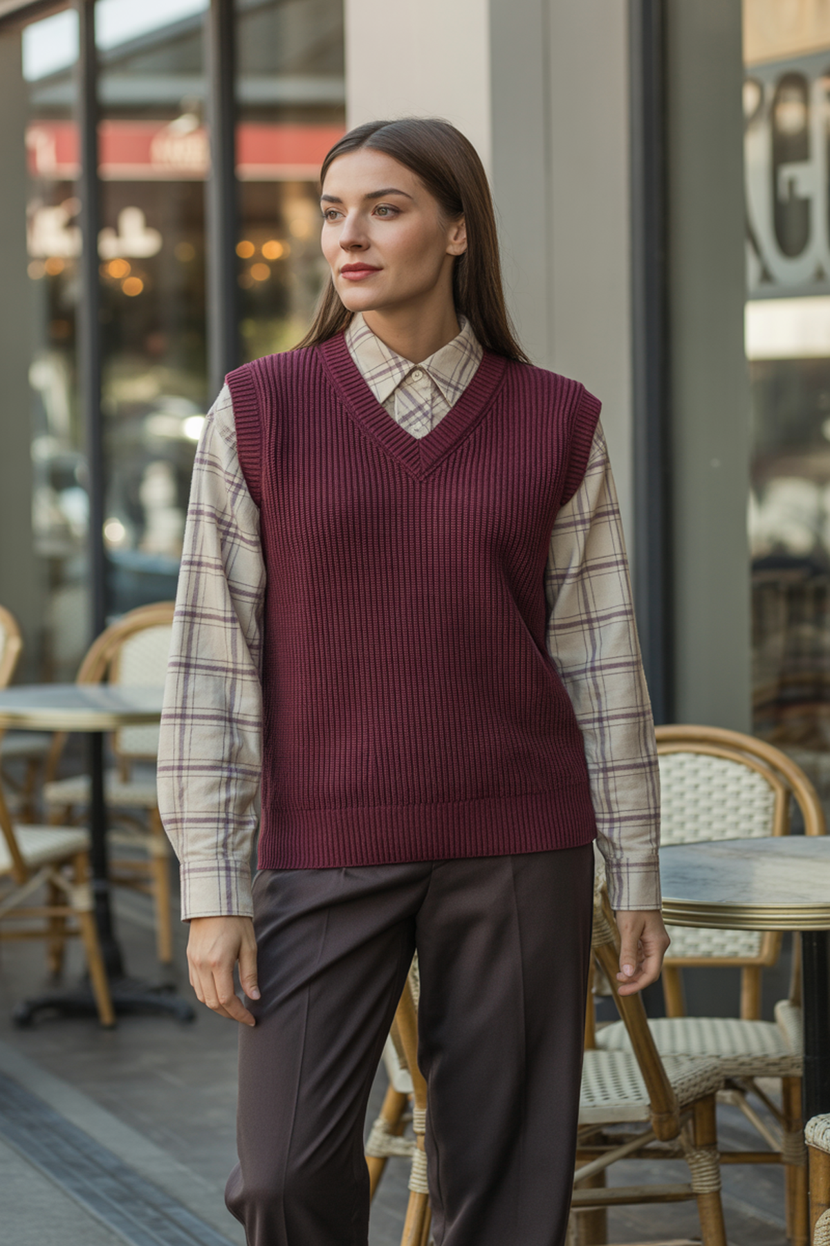 Camisa a Cuadros Bajo Chaleco de Punto Sin Mangas