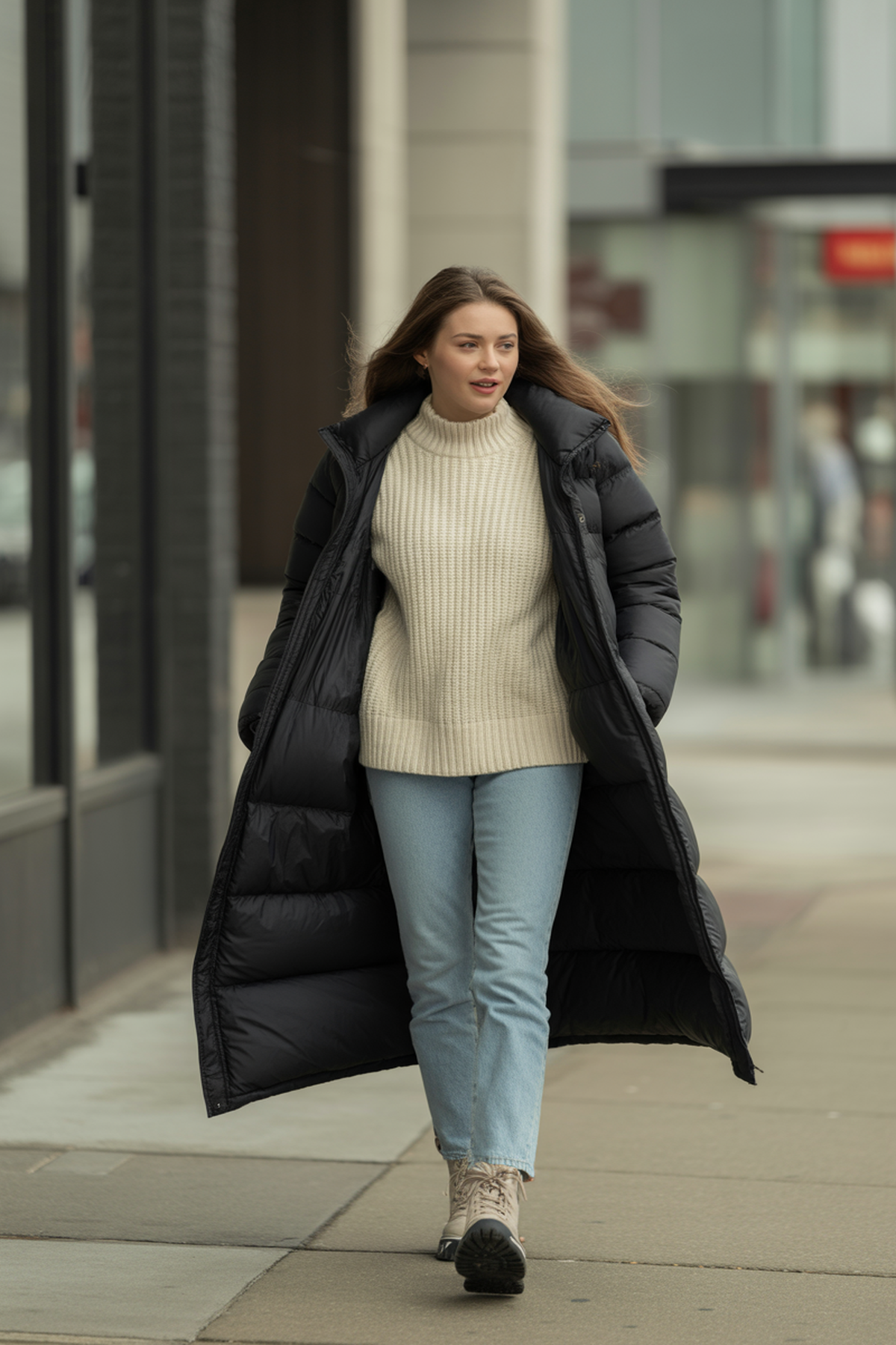 Pullover en maille épaisse avec une longue doudoune