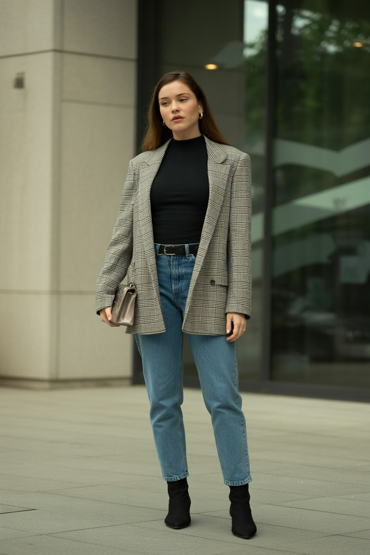 Col montant ajusté avec un blazer à carreaux et un jean