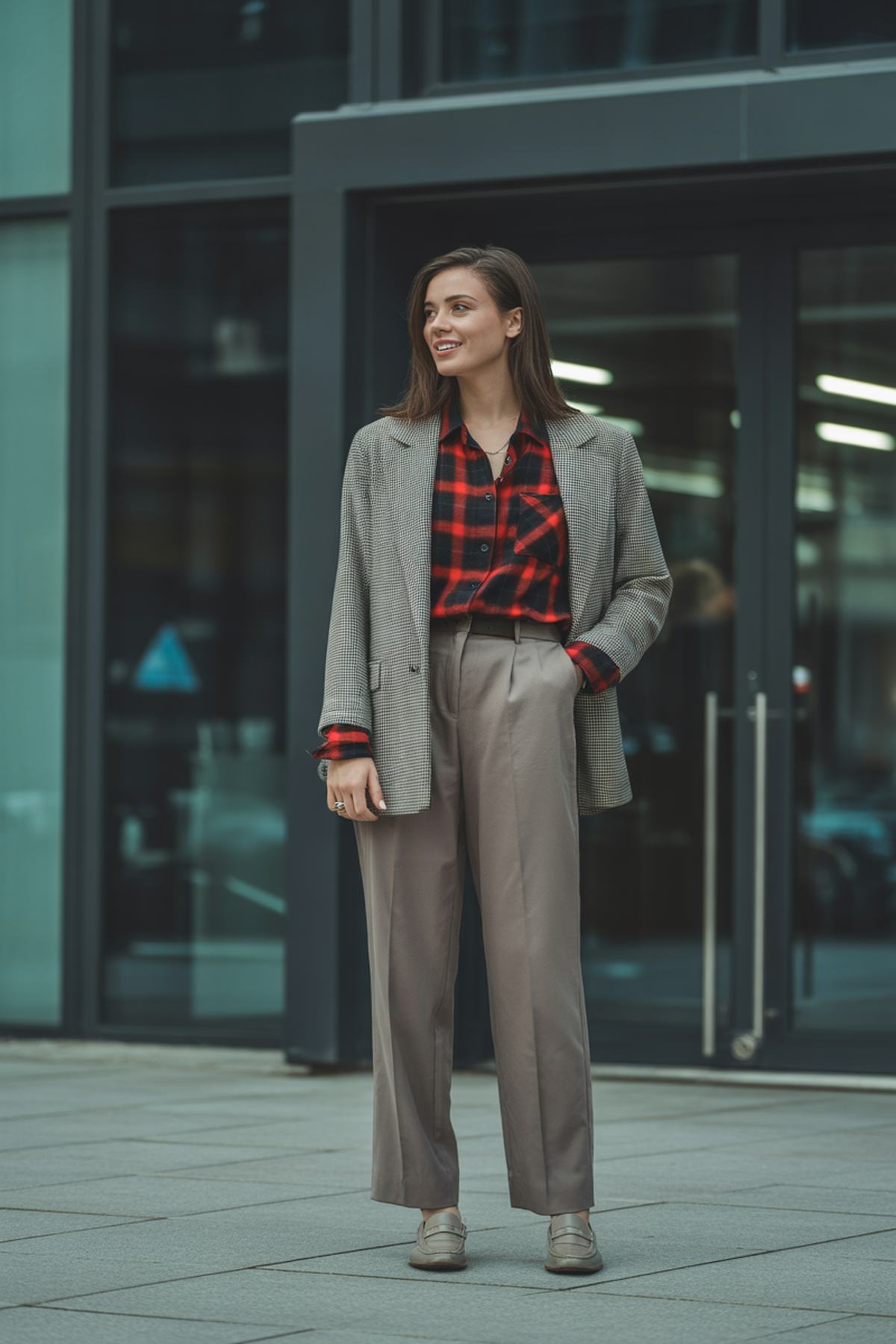 Chemise en flanelle superposée sous un blazer en laine