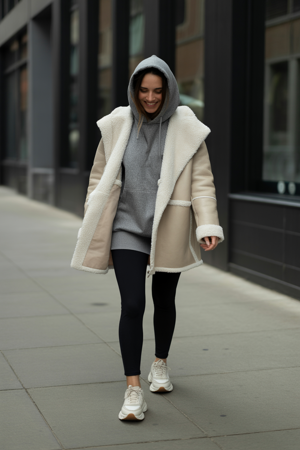 Sweat à capuche superposé sous un manteau en fausse peau lainée