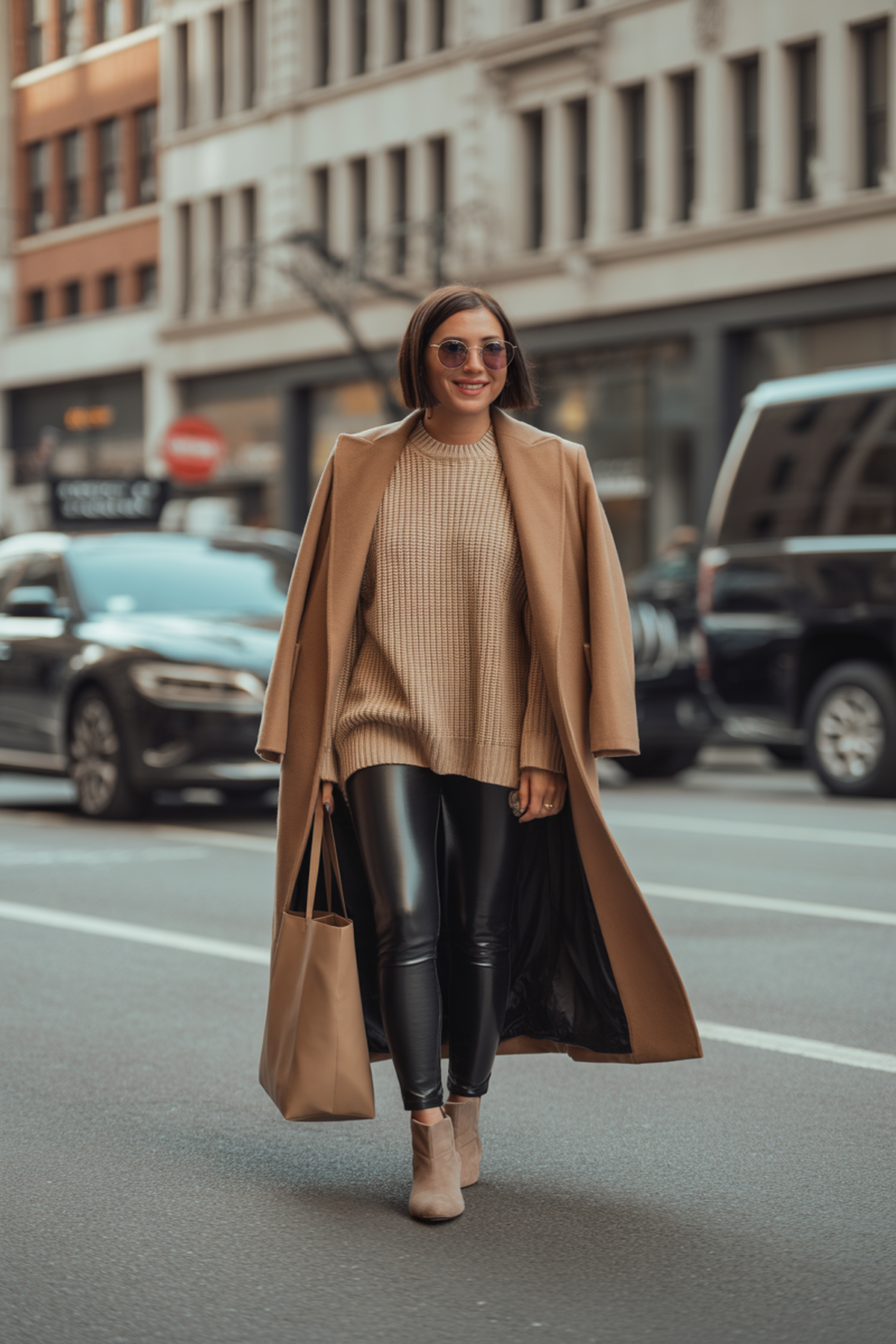 Leggings en cuir avec un pull oversize et un manteau