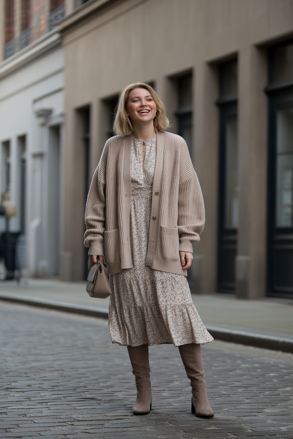 Cardigan oversize associé à une robe midi