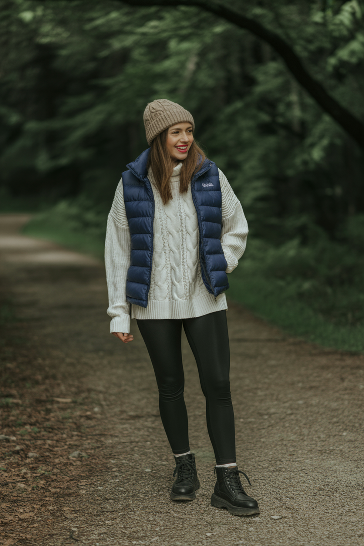 Gilet matelassé sur un pull en maille torsadée