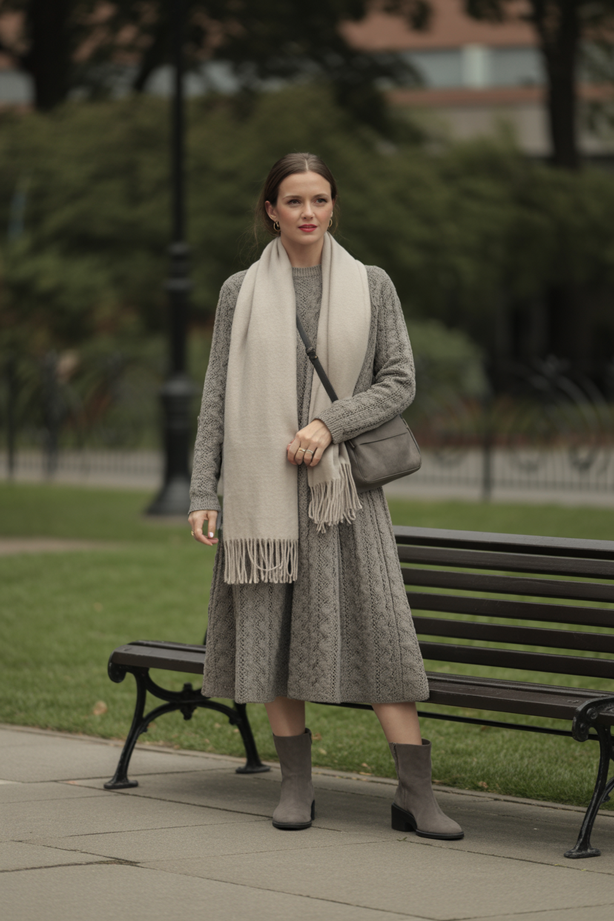 Robe en maille texturée avec une écharpe en laine