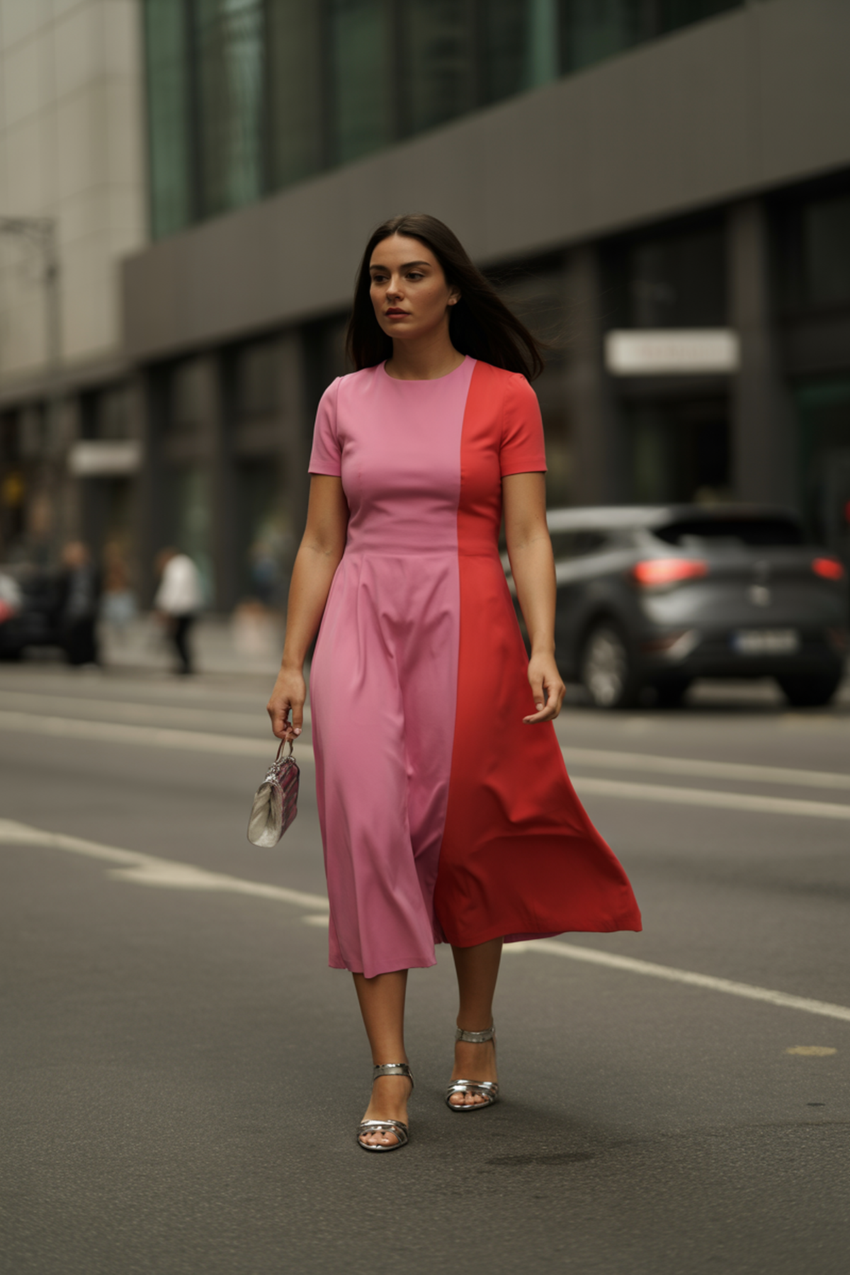 Robe Midi Chic Avec Contraste de Couleurs Audacieux