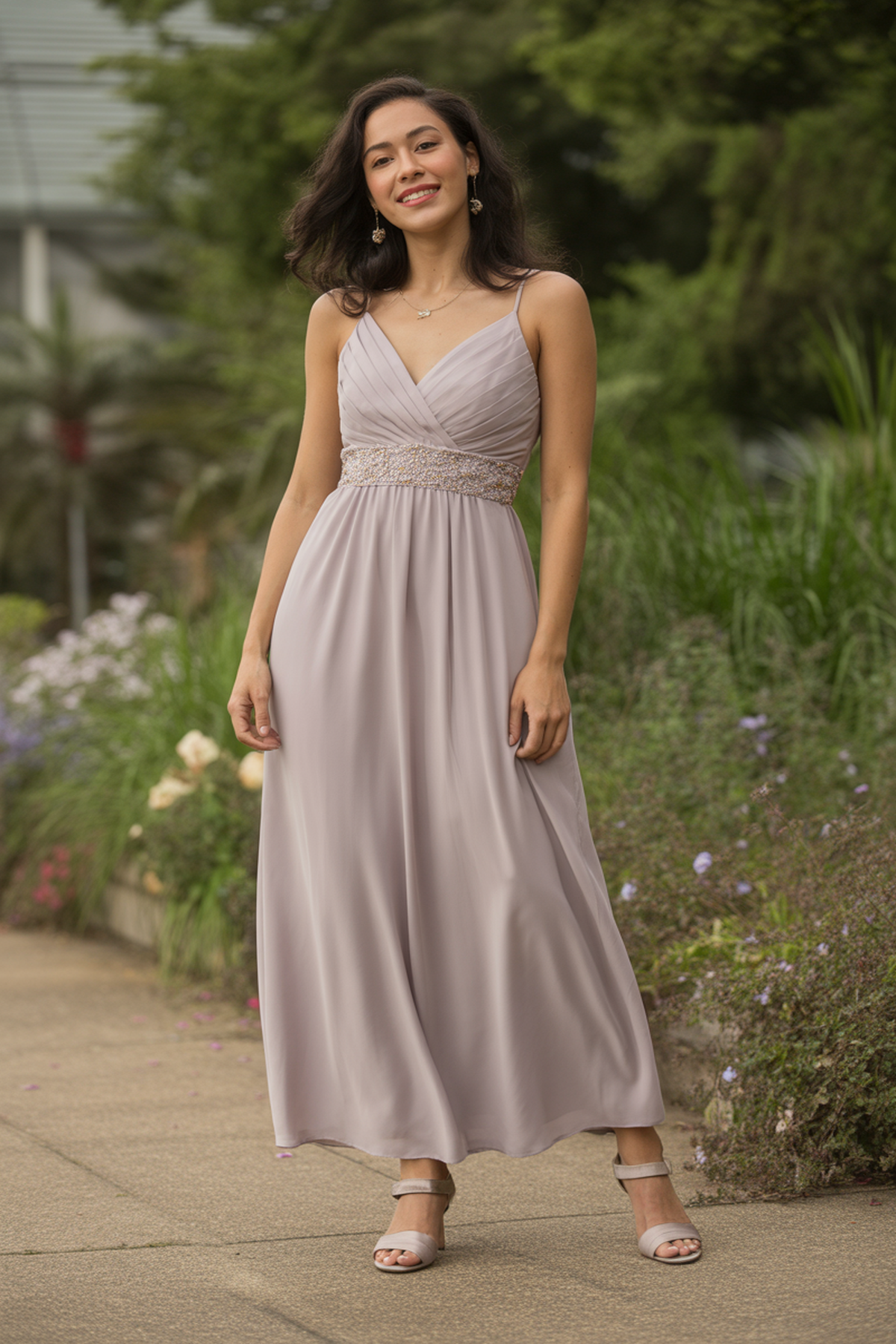 Robe Maxi en Chiffon Avec Ceinture Embellie
