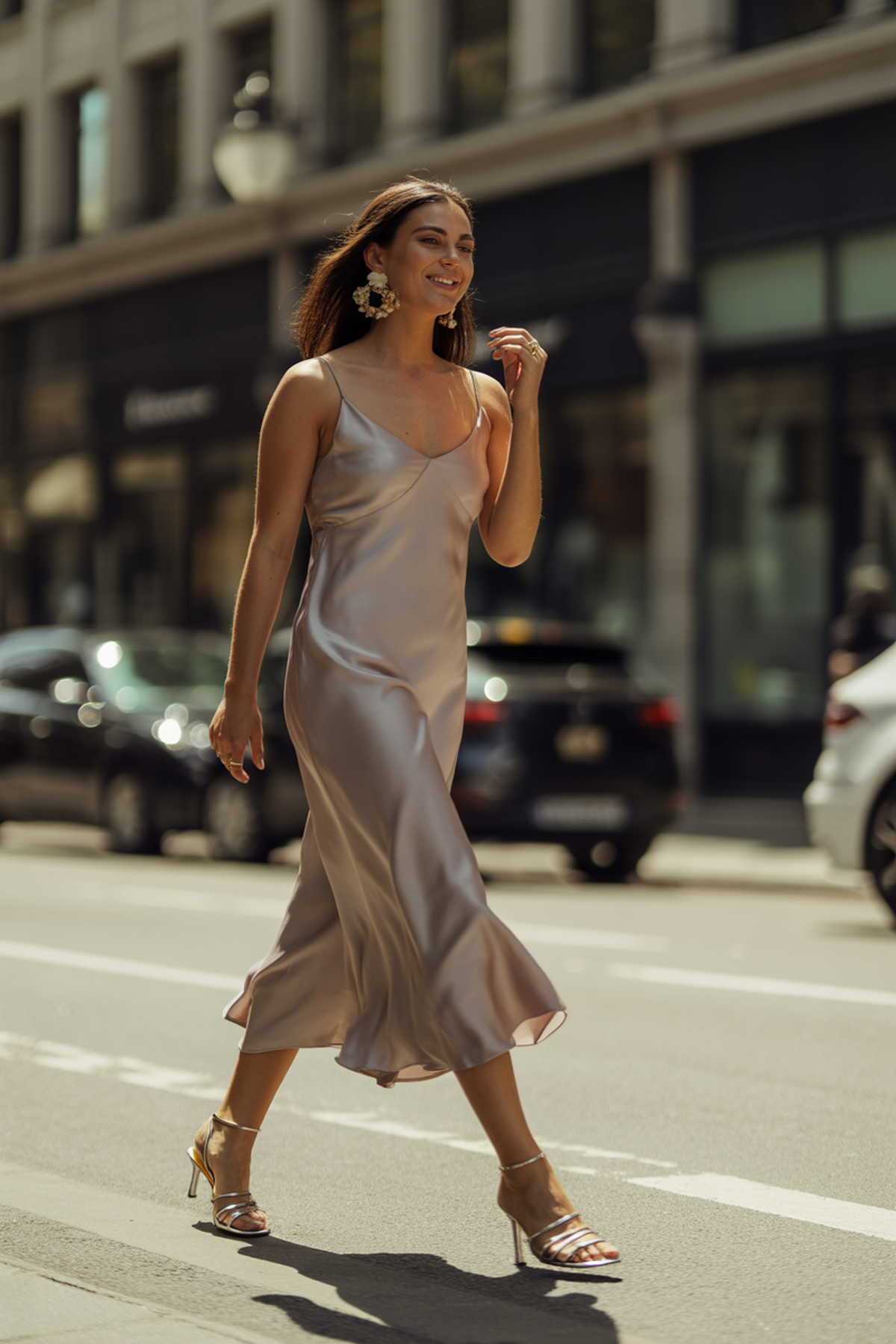 Robe Nuisette en Soie Associée à des Boucles d’Oreilles Statement