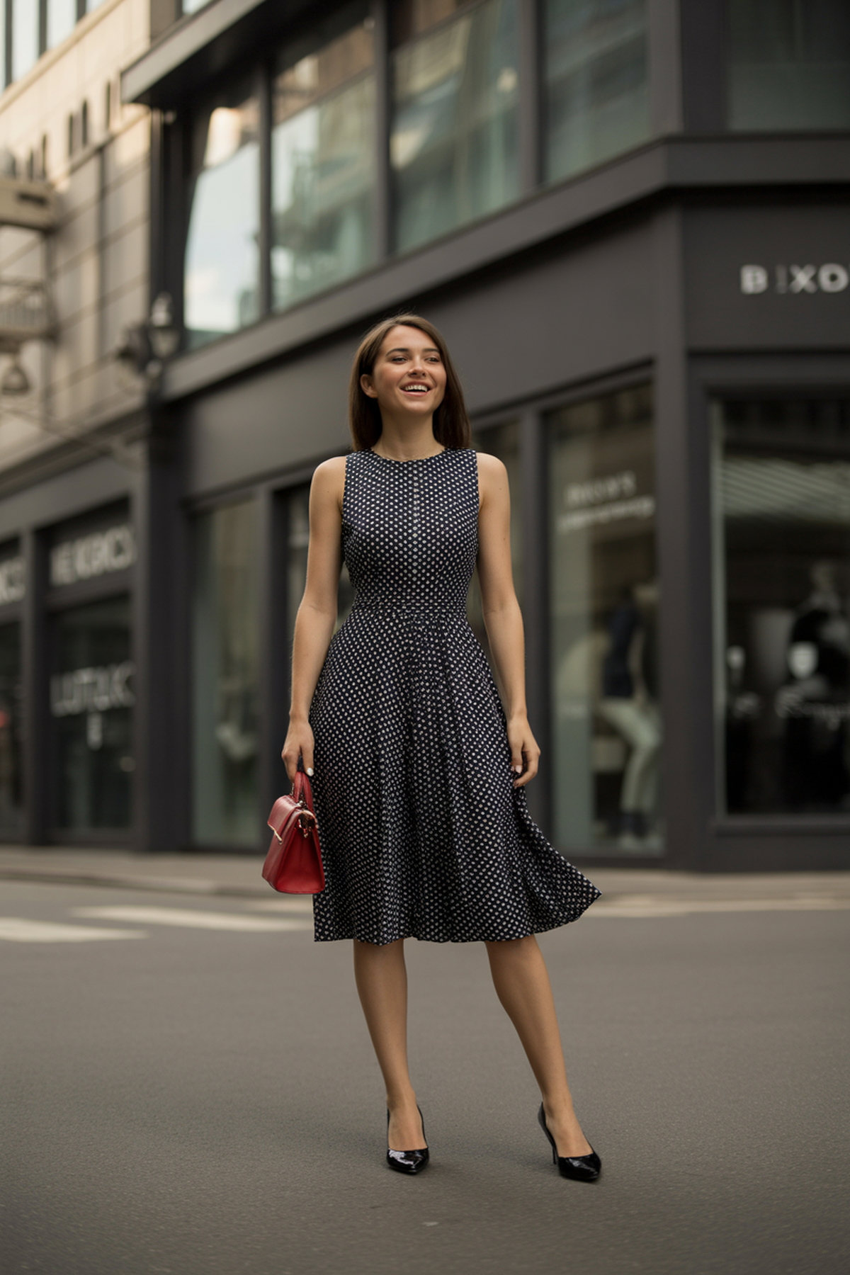 Delicia clásica del vestido de lunares en blanco y negro
