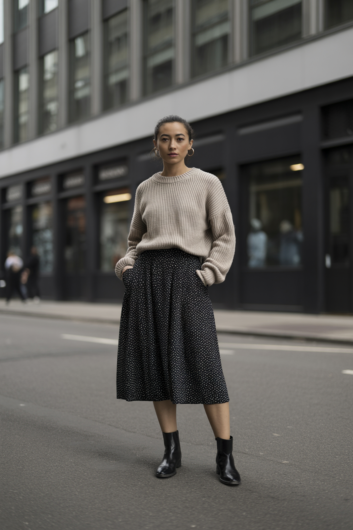 Faldas cruzadas de lunares mezcladas con telas texturizadas