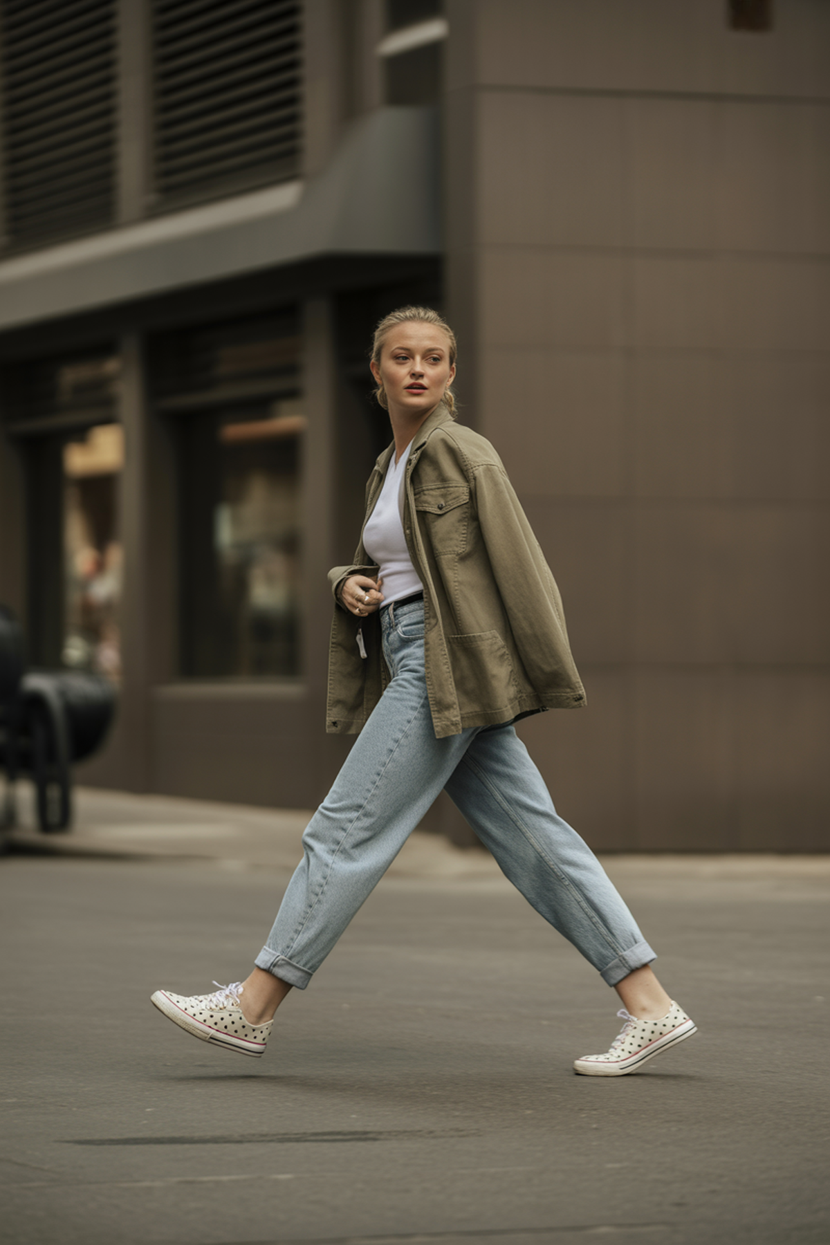 Toque deportivo con zapatillas de lunares y ropa casual