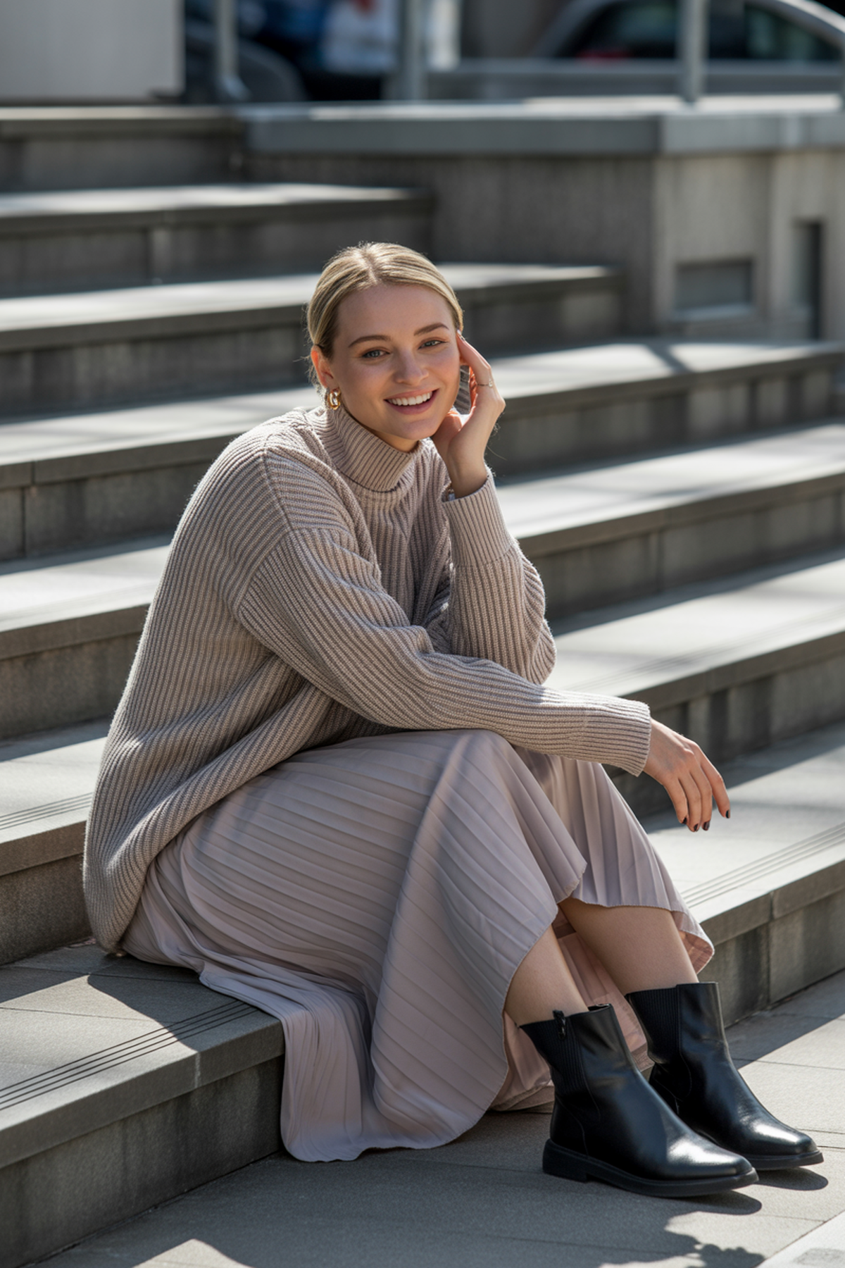 Pullover Tricoté Confortable Avec Jupe Midi