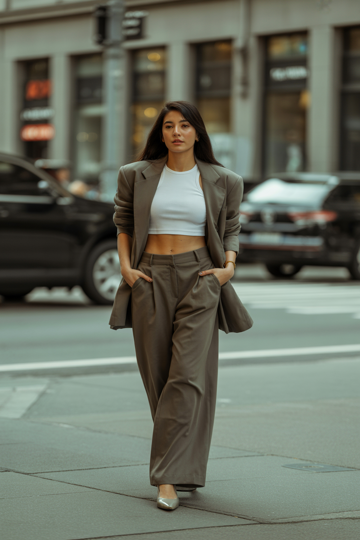 Blazer Court Avec Pantalon Large Taille Haute