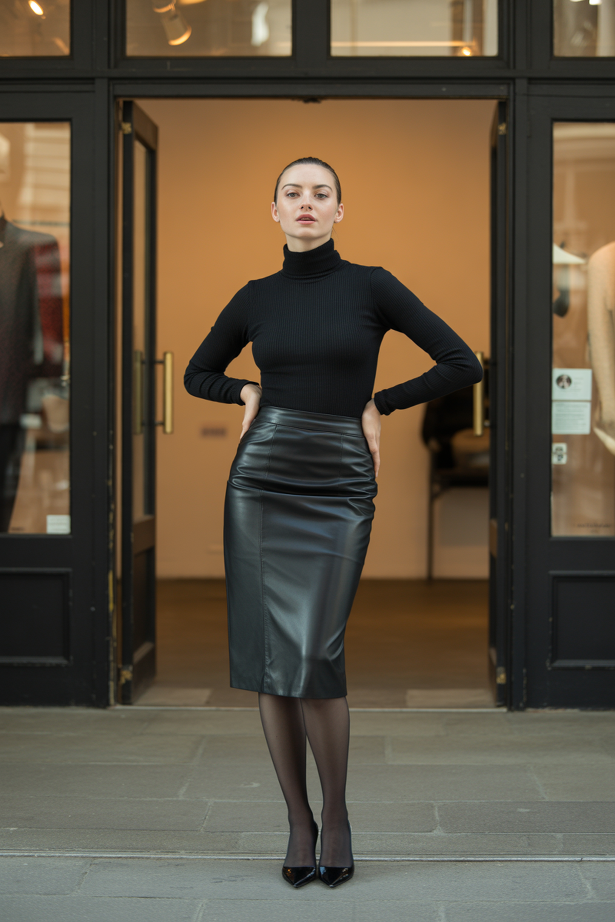 Col Roulé Épuré Avec Jupe Crayon en Cuir