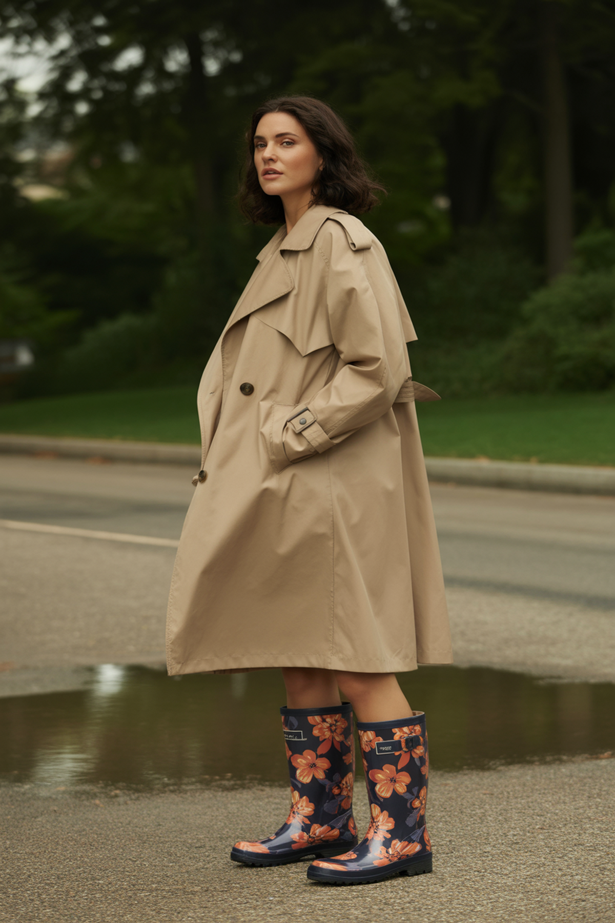 Bottes de pluie florales audacieuses avec manteau neutre