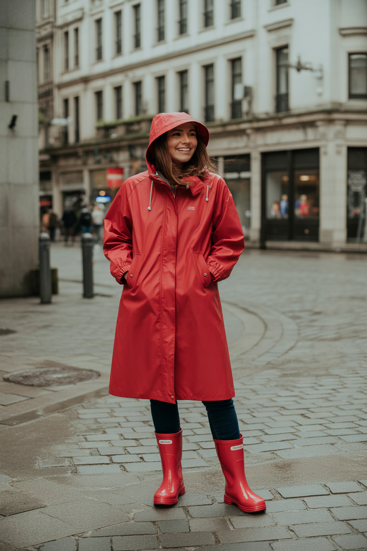 Manteau rouge audacieux avec bottes de pluie assorties